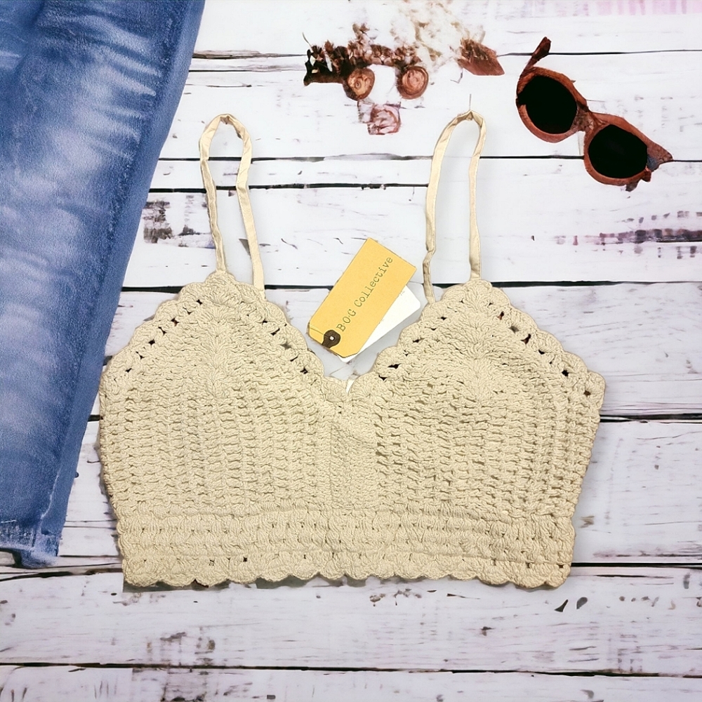 BOG Collective Cotton Crochet Bralette Top | Cream | Coastal |Beachwear | Medium